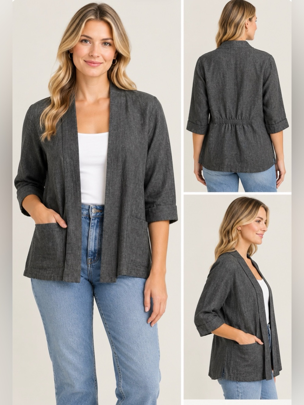 FOIL 100% Linen Open Front Cardigan Jacket Charcoal Gray US 6 Like New